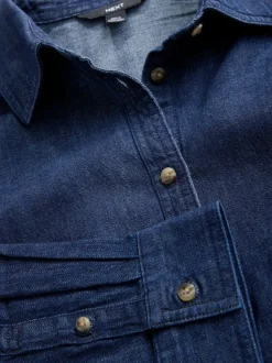 Blauw met wassing - Cinch Waist Fitted Long Sleeve Denim Shirt