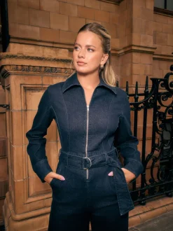 Blauw met wassing - Denim Belted Wide Leg Jumpsuit