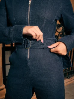 Blauw met wassing - Denim Belted Wide Leg Jumpsuit