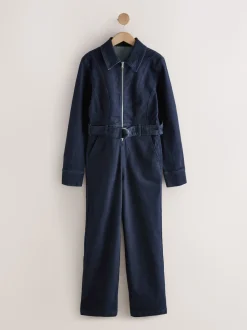 Blauw met wassing - Denim Belted Wide Leg Jumpsuit
