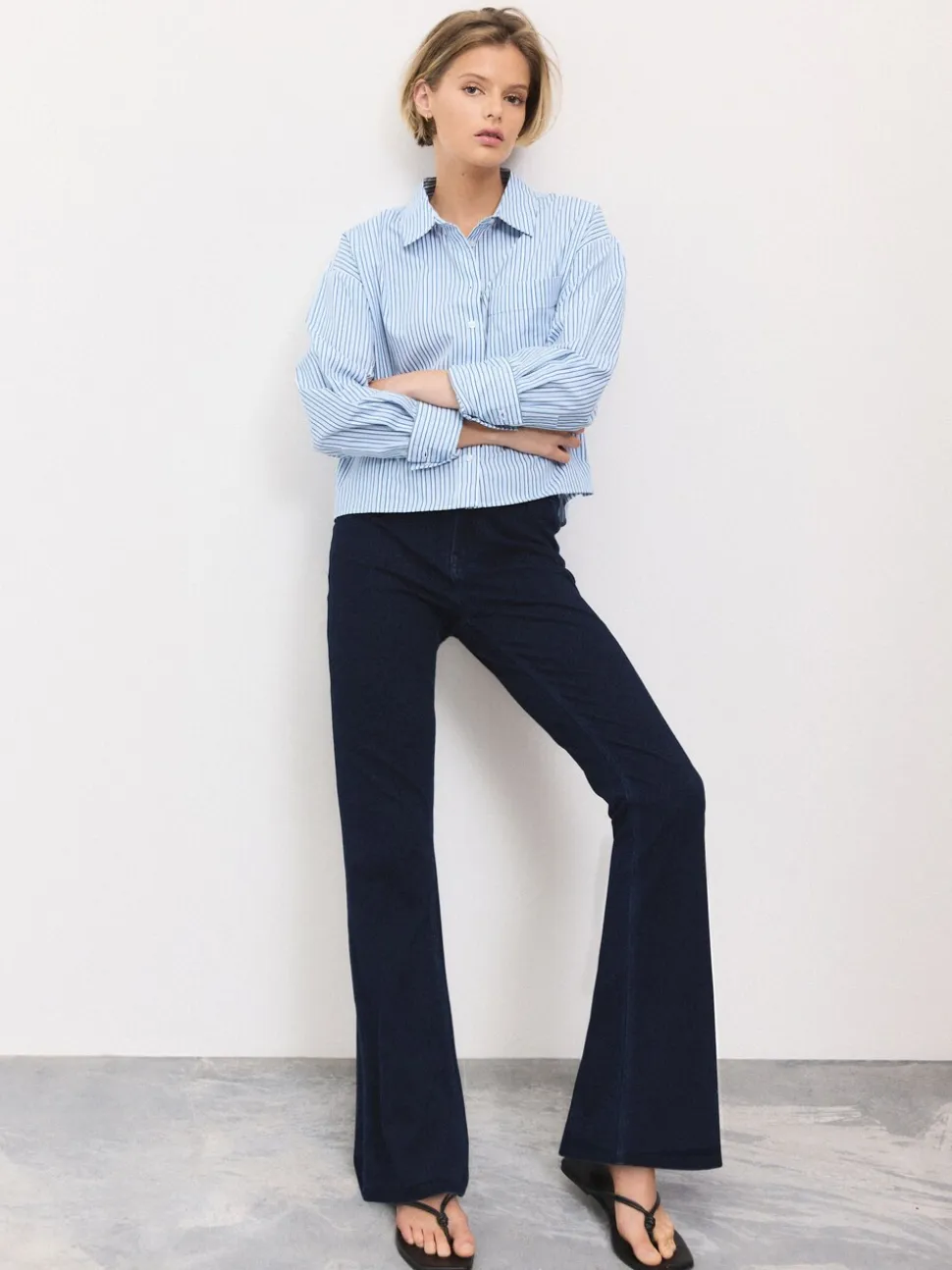 Blauw met wassing - Denim jersey legging met uitlopende pijpen