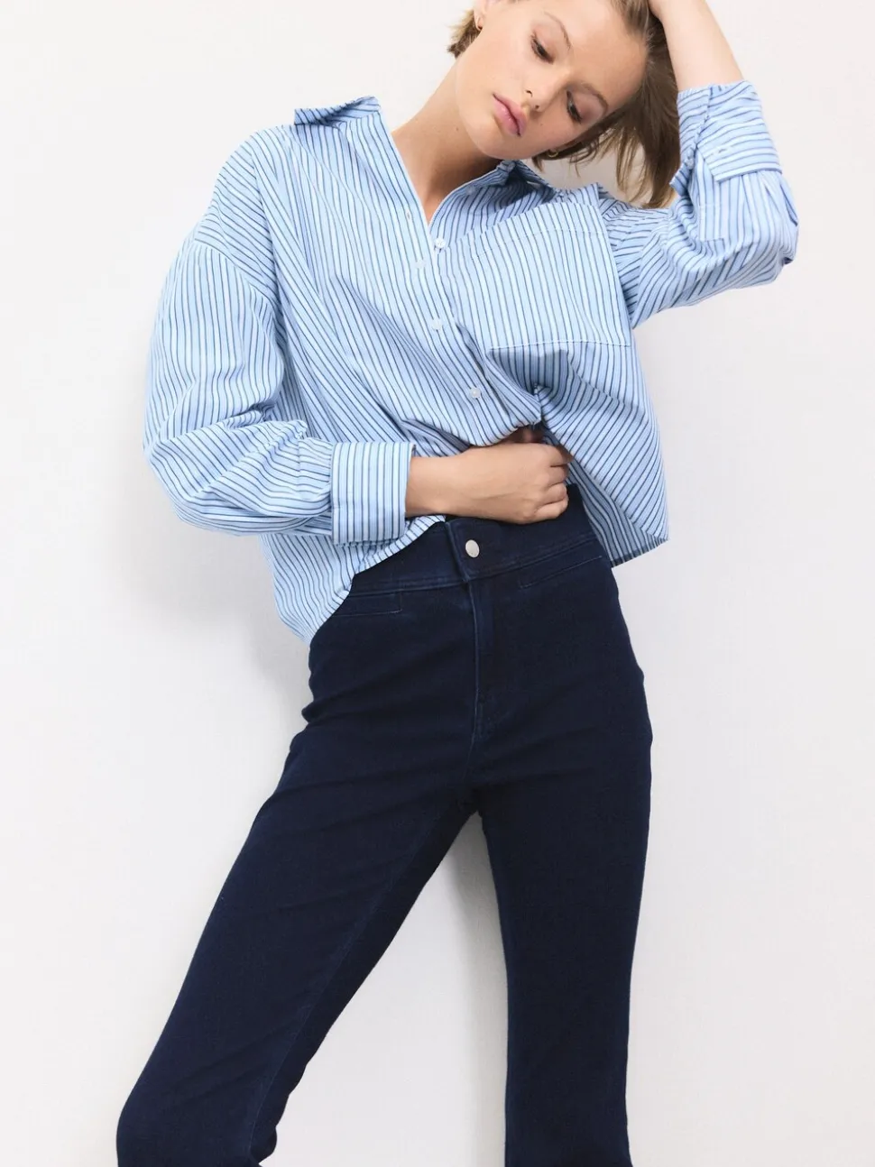 Blauw met wassing - Denim jersey legging met uitlopende pijpen