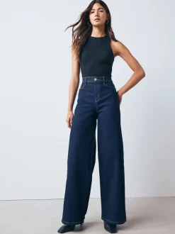 Blauw met wassing - High Rise FlexiFit Stretch Pull On Wide Leg Jeans