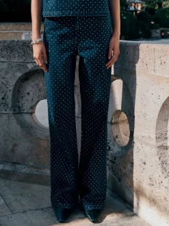 Blauw met wassing - Versierde jeans met wijde pijpen