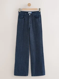 Blauw met wassing - Versierde jeans met wijde pijpen