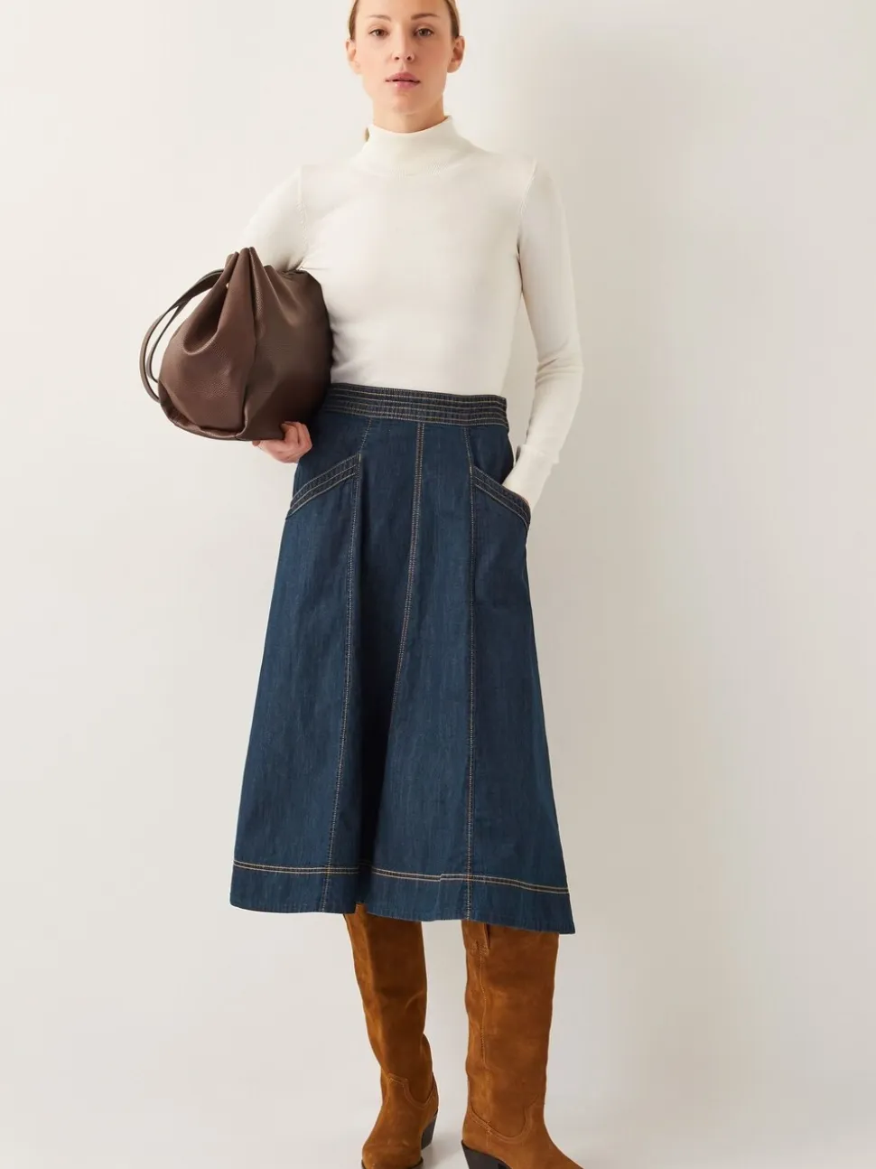 Blauw wit - Monsoon Harper Seamed Denim 100% Cotton Midi Skirt