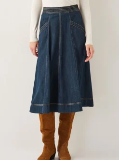 Blauw wit - Monsoon Harper Seamed Denim 100% Cotton Midi Skirt