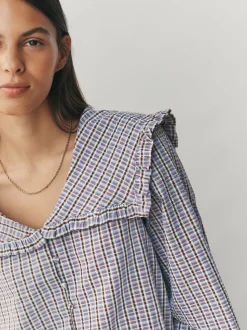 Blauw/bruin met ruitmotief - Oversized Collar Long Sleeve Blouse