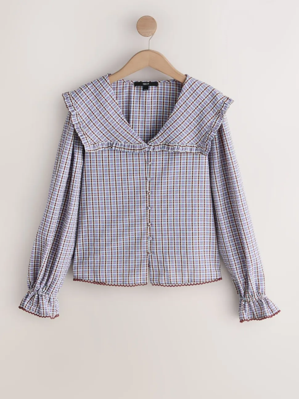 Blauw/bruin met ruitmotief - Oversized Collar Long Sleeve Blouse