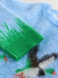 Blauwe eend afbeelding - Geborstelde trui met ronde hals