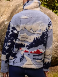 Blauwe grafische winterlandschap - Soft Touch Knusse Teddy Borg Kwartrondrits Fleece