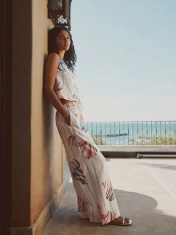 Blauw/ecru - Pull On Wide Leg Trousers With Linen