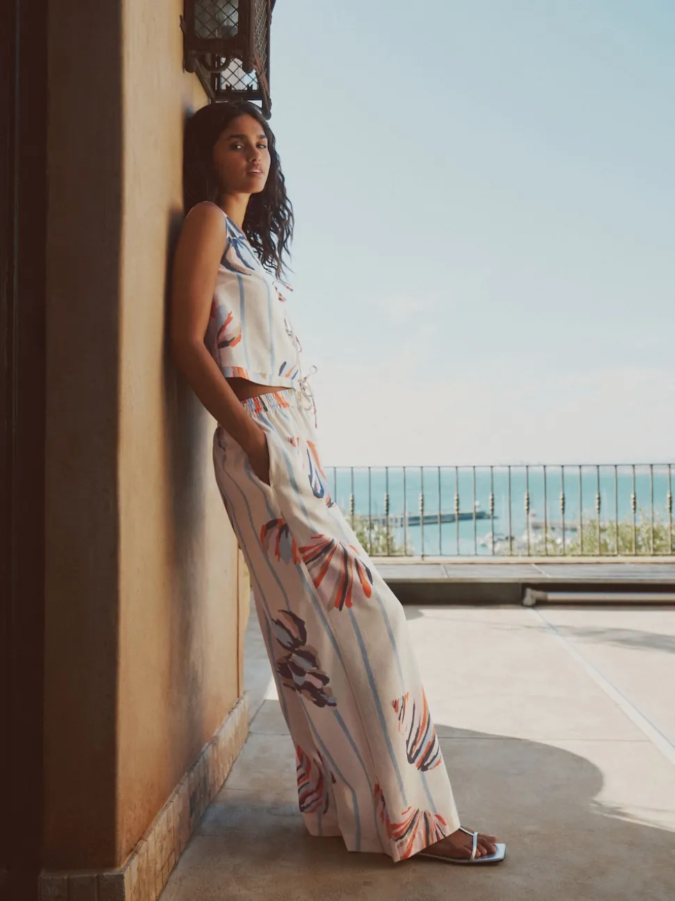 Blauw/ecru - Pull On Wide Leg Trousers With Linen