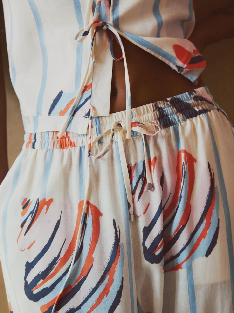 Blauw/ecru - Pull On Wide Leg Trousers With Linen