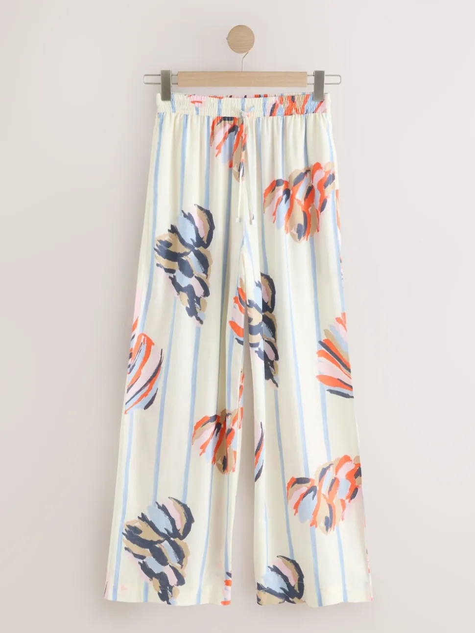 Blauw/ecru - Pull On Wide Leg Trousers With Linen