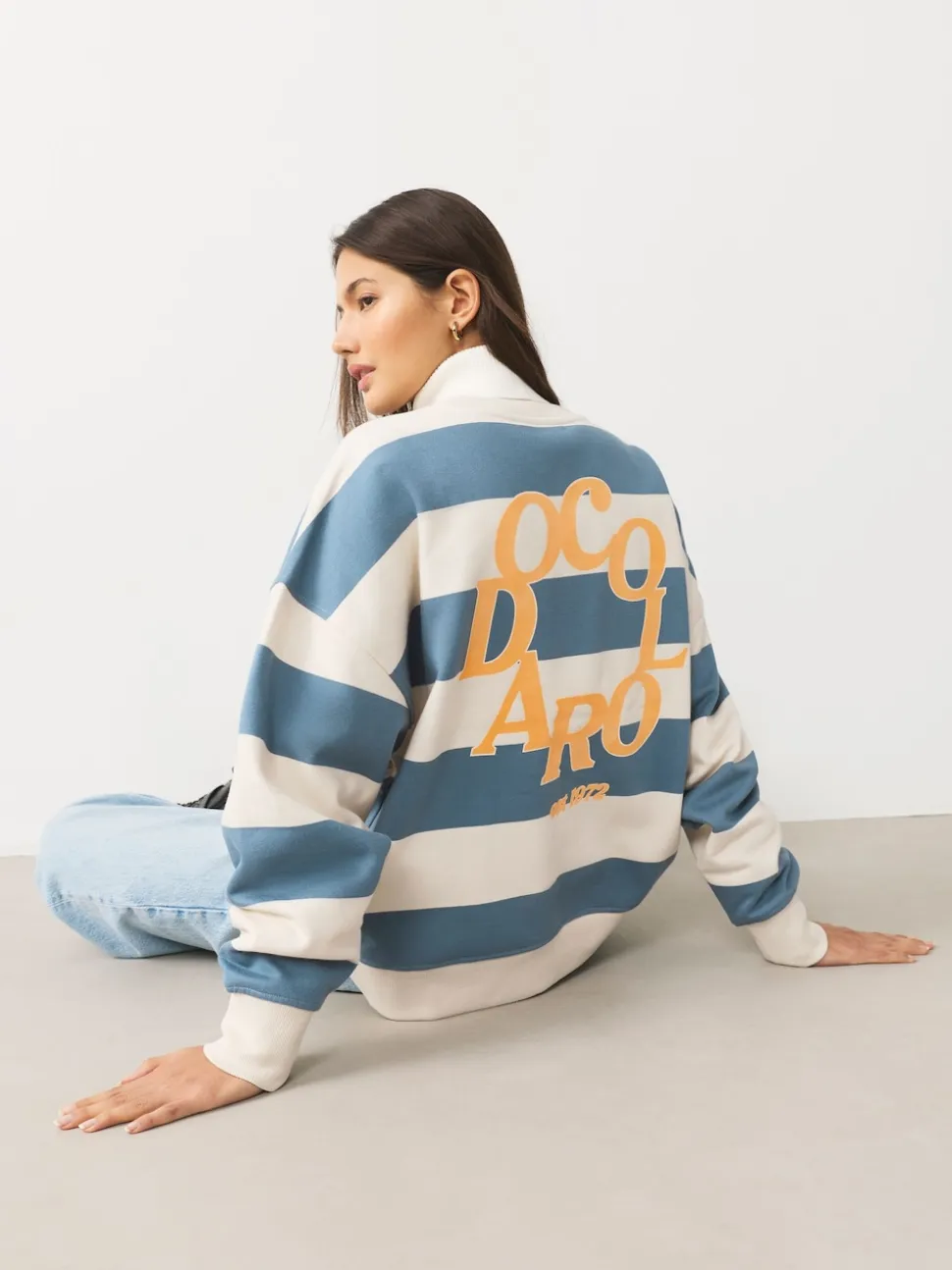 Blauw/ecru - Striped Graphic 'Colarado' City Longsleeve Crewneck Sweatshirt