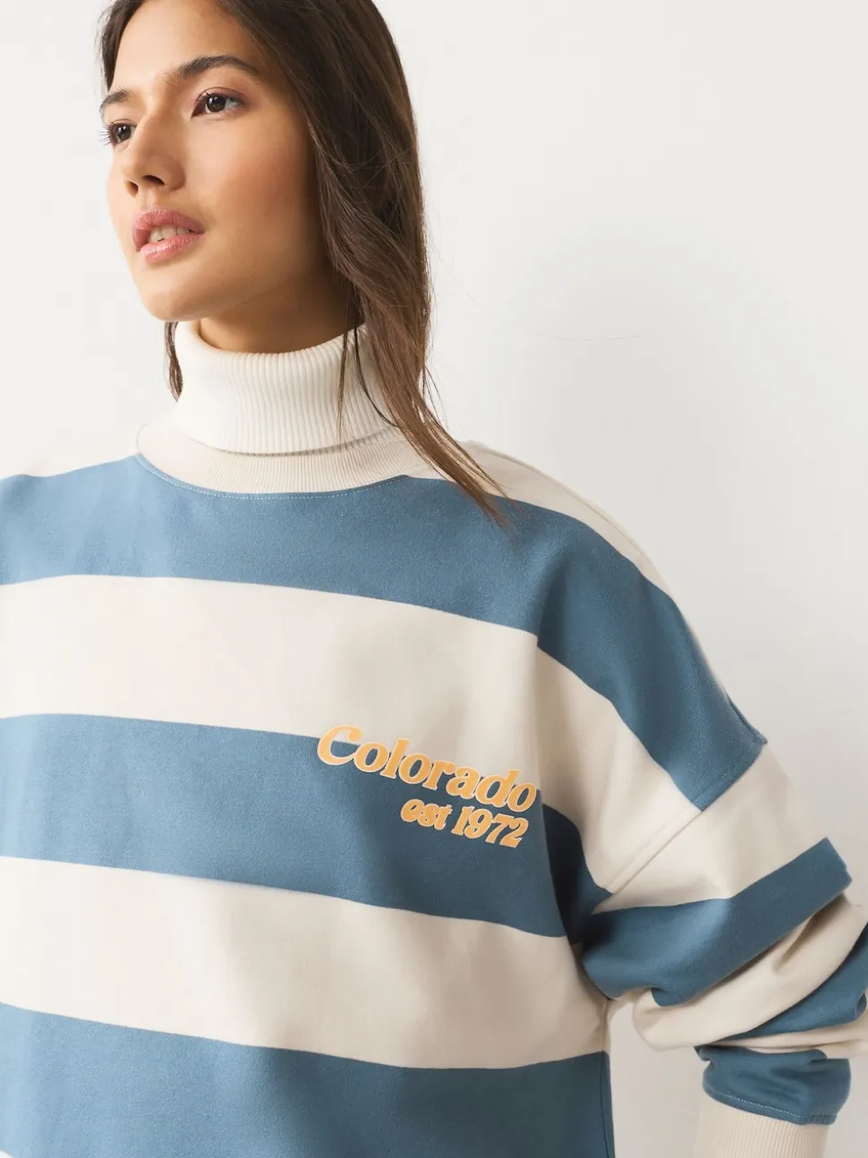 Blauw/ecru - Striped Graphic 'Colarado' City Longsleeve Crewneck Sweatshirt