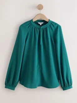 Blauwgroen - Blouse met V-hals en lange mouwen