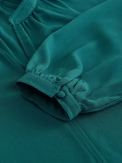 Blauwgroen - Blouse met V-hals en lange mouwen