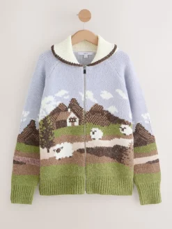 Blauw/Groen - Landscape Scene Zip Cardigan