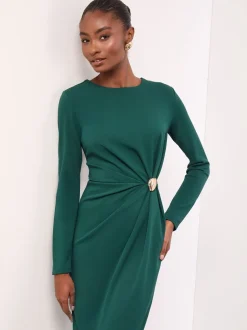Blauwgroen - Nauwsluitende midi-jurk met lange mouwen en hardware-details van Lipsy