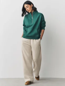 Blauwgroen - Relaxed fit sweatshirt van zware katoenrijke jersey met ritssluiting bij de hals