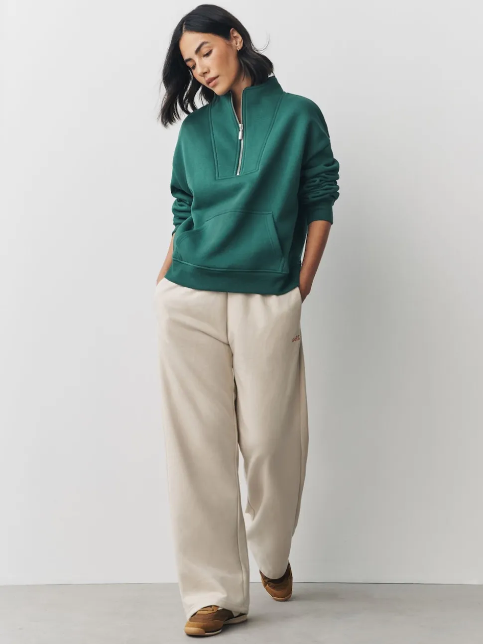 Blauwgroen - Relaxed fit sweatshirt van zware katoenrijke jersey met ritssluiting bij de hals