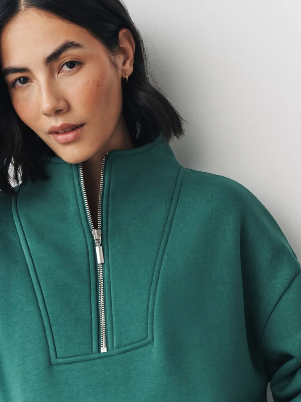 Blauwgroen - Relaxed fit sweatshirt van zware katoenrijke jersey met ritssluiting bij de hals