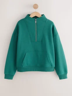 Blauwgroen - Relaxed fit sweatshirt van zware katoenrijke jersey met ritssluiting bij de hals