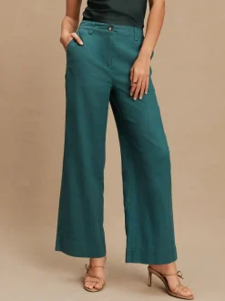 Blauwgroen - Smart Front Linen Blend Wide Leg Trousers
