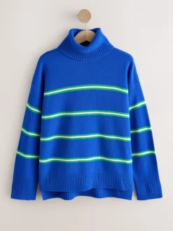 Blauw/groen gestreept - 100% merinowol N. Premium Rolkraag Trui