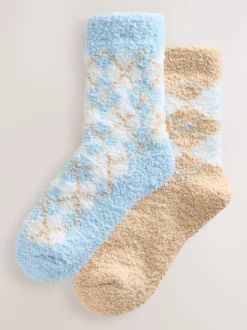 Blauw/Naturel Argyle - Set van 2 paar behaaglijke enkelsokken
