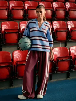 Blauw/rood gestreept - Open Collar Polo Half Sleeve Jumper With Wool