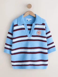Blauw/rood gestreept - Open Collar Polo Half Sleeve Jumper With Wool