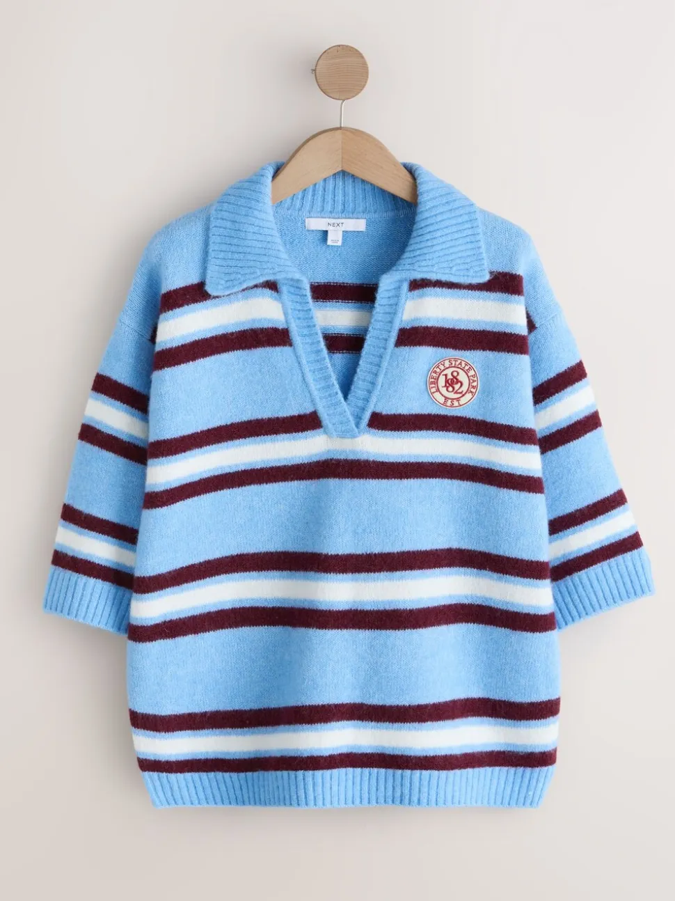 Blauw/rood gestreept - Open Collar Polo Half Sleeve Jumper With Wool