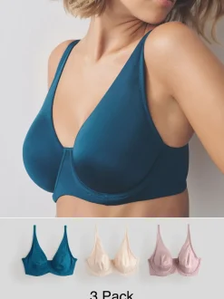 Blauw/roze/crème - Verpakking van 3 gladmakende T-shirtbeha's van microvezel, cupmaat DD+, ultiem comfort
