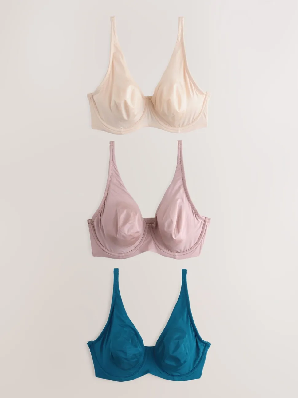 Blauw/roze/crème - Verpakking van 3 gladmakende T-shirtbeha's van microvezel, cupmaat DD+, ultiem comfort