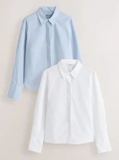 Blauw/wit - Fitted Stretch Essential Long Sleeve Shirts 2 Pack