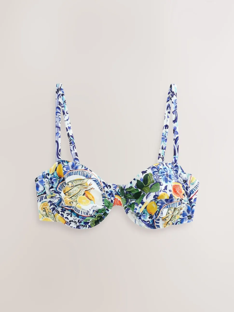 Blauw/witte sardineprint - Beugelbikinitop zonder vulling