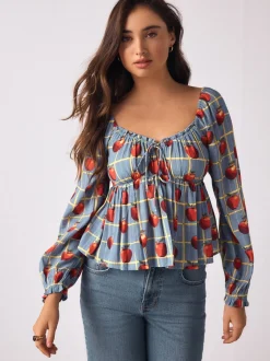 Blue Apple Print - Long Sleeve Milkmaid Top