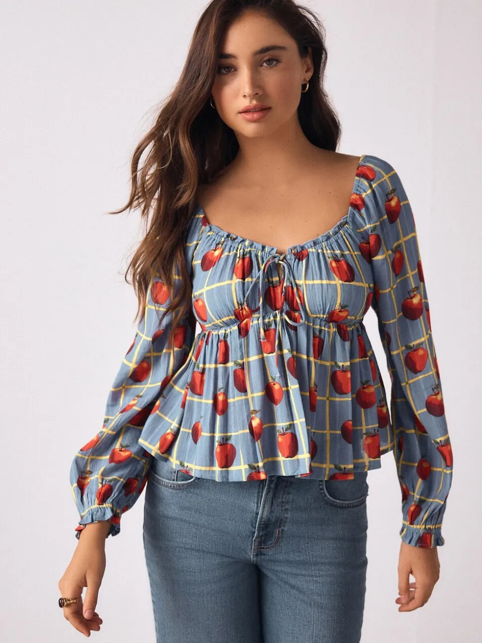 Blue Apple Print - Long Sleeve Milkmaid Top