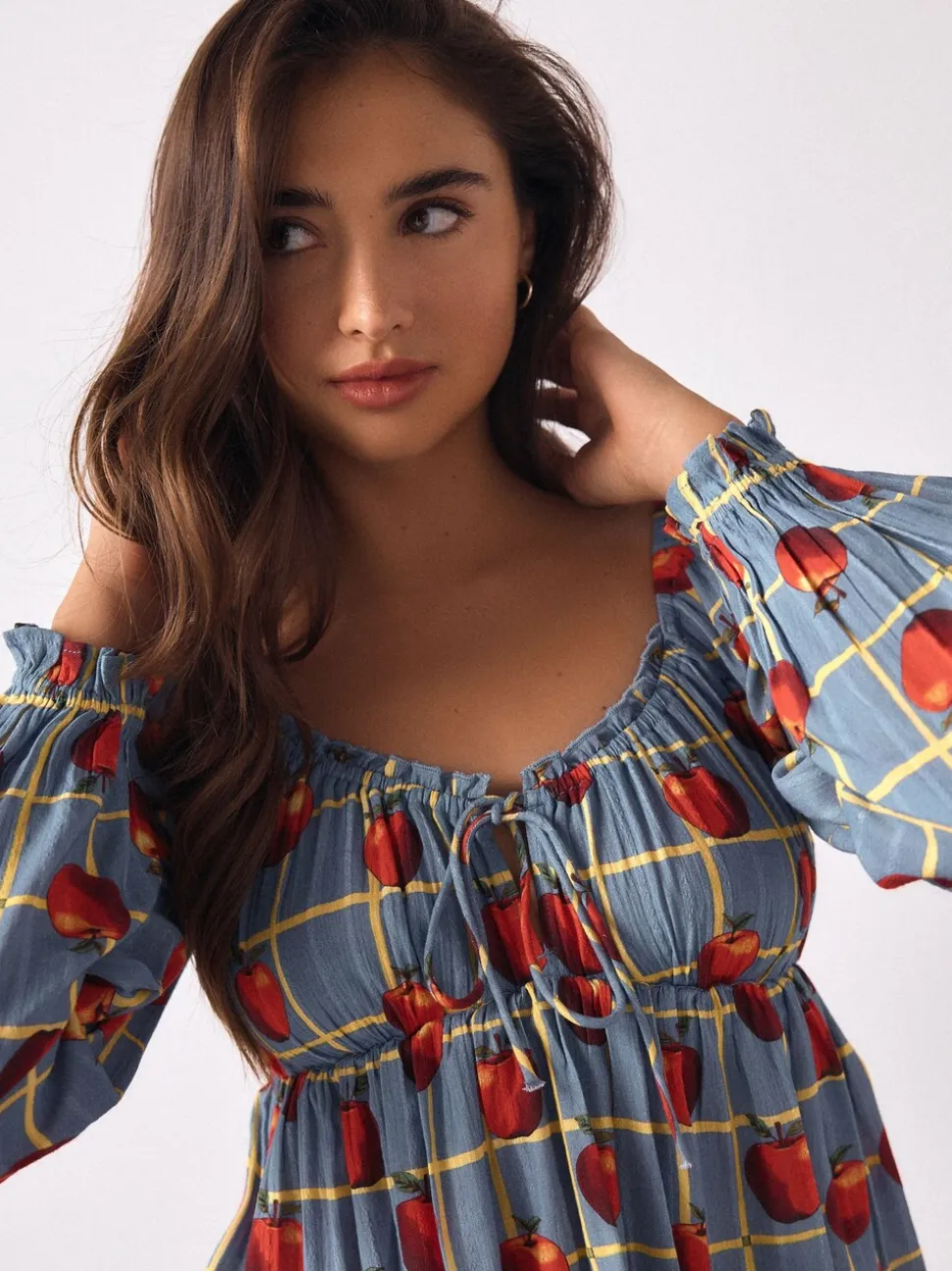 Blue Apple Print - Long Sleeve Milkmaid Top
