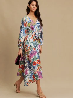 Blue/Green Floral Print - V-Neck Tie Waist Long Sleeve Midi Dress