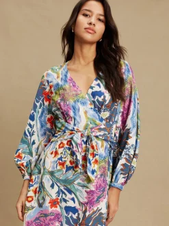 Blue/Green Floral Print - V-Neck Tie Waist Long Sleeve Midi Dress