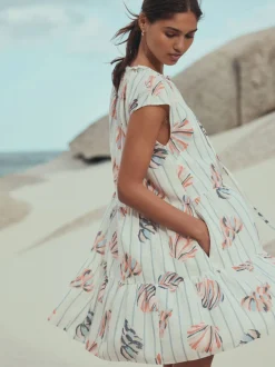 Blue/Pink Shell Print - V-Neck Tiered Mini Dress with Linen