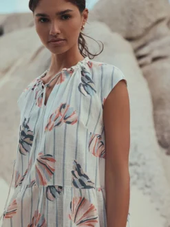 Blue/Pink Shell Print - V-Neck Tiered Mini Dress with Linen
