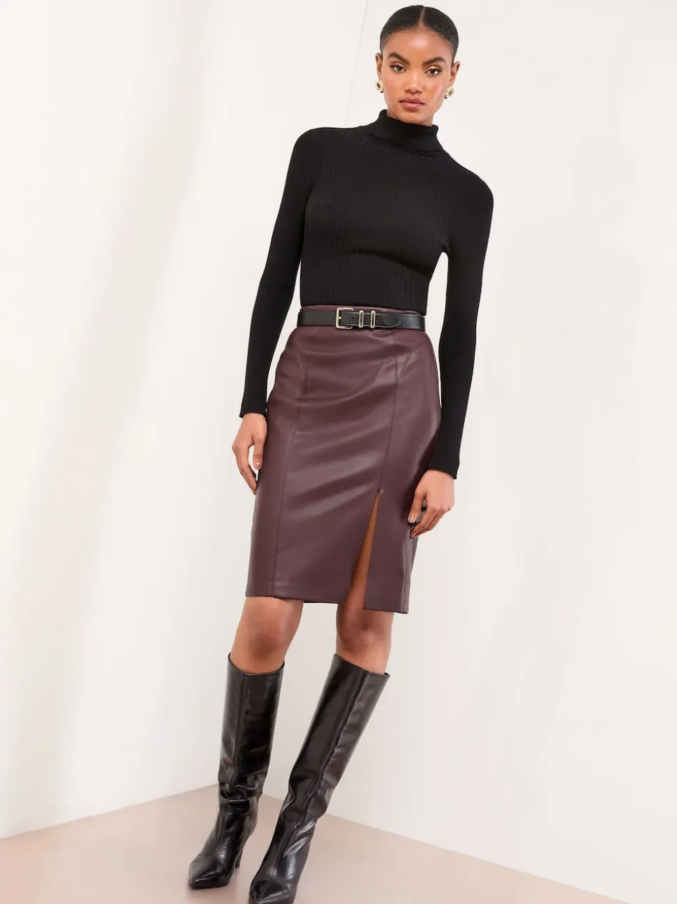 Bordeaux Rood imitatieleer - Lipsy - Midi-rok met zijsplit
