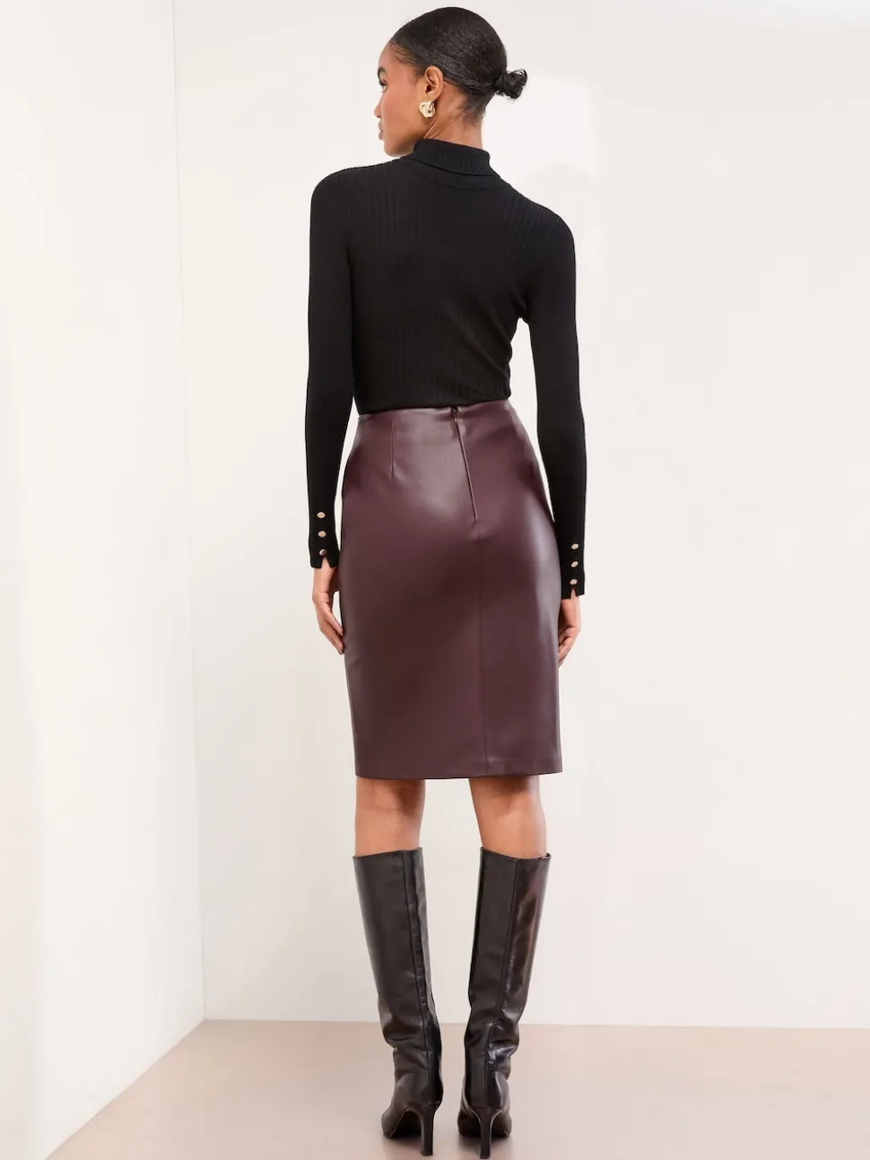 Bordeaux Rood imitatieleer - Lipsy - Midi-rok met zijsplit