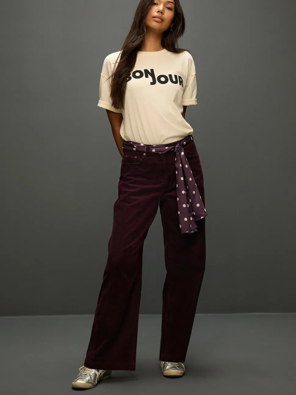 Bordeauxrood - Cord Wide Leg Trousers With Scarf