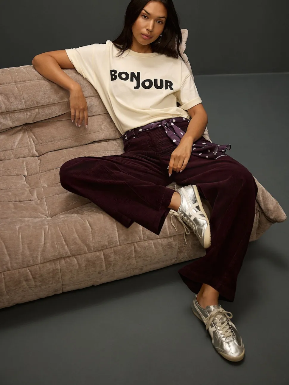 Bordeauxrood - Cord Wide Leg Trousers With Scarf